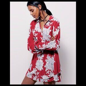 Free People Shake It Floral Mini Dress Tunic Button Front Back Tie Pockets S